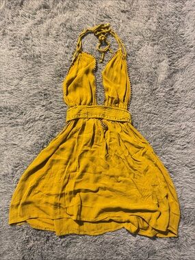 Scoop-Back Mustard Halter Mini Dress